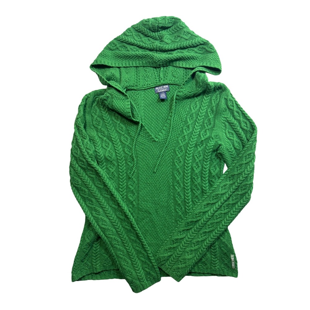 Polo Jeans Co Ralph Lauren Green Cable Knit Hoodie Sweater Vintage Large